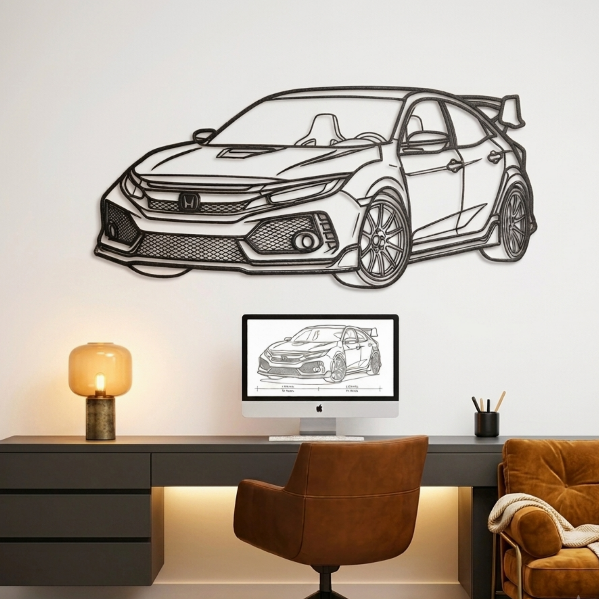 Modified Honda Civic Neon Metal Wall Art | Laser Cut Steel Wall Decor with RGB LED | Torque Walls